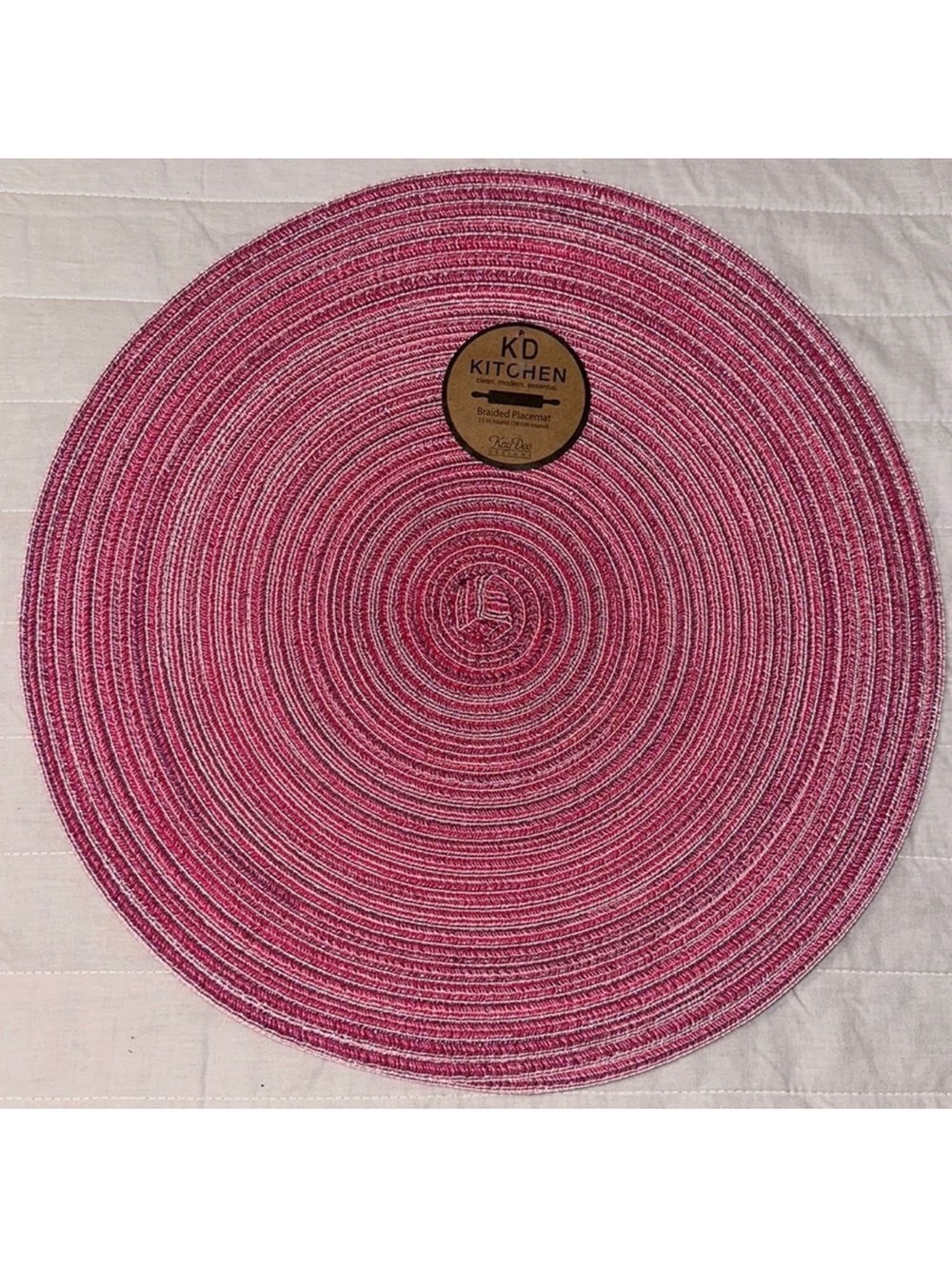 Set of Six Fuchsia Ombre Round Weave Placemats, Kitchen Dish & Tea Towels